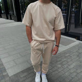 Men's Solid Color Sports Casual Short-Sleeved T-Shirt And Trousers Set 13773823Y