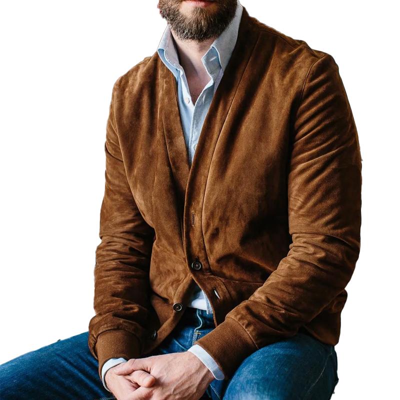 Men's V-neck Suede Solid Color Jacket 22881591X