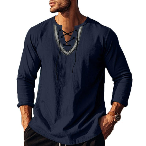 Men's Ethnic Loose Lace-up Collar Long Sleeve Cotton And Linen Shirt 03581048Z