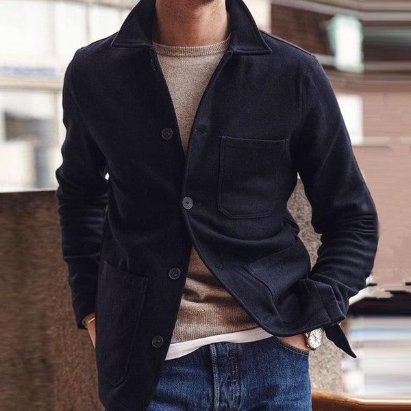 Men's Vintage Wool Blended Lapel Single Breasted Multi-pocket Work Jacket 77205287M
