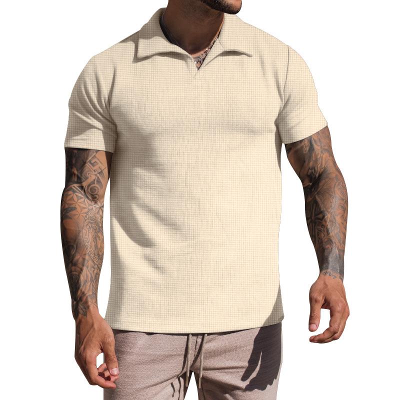 Men's Waffle Loose Short Sleeve Solid Color Casual Lapel Polo Shirt 49265793Z