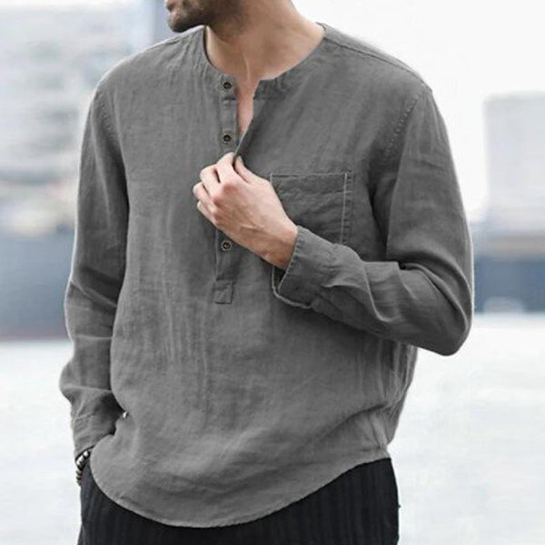 Men's Casual Cotton Linen Chest Pocket Henley Collar Long Sleeve Shirt 64305490Y