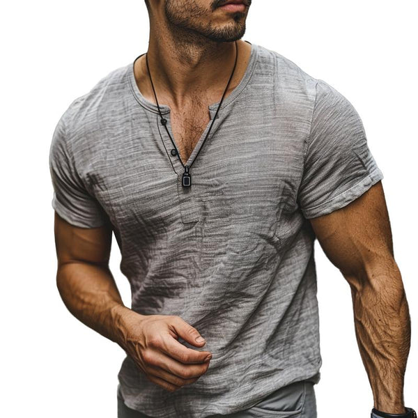 Men's Casual Henley Collar Cotton Linen Slim Fit Short Sleeve Shirt 39106690M