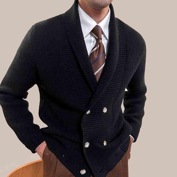 Men's Fashion Solid Color Knit Lapel Double Breasted Casual Cardigan 52300182Z