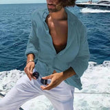 Men's Casual Lapel Solid Color Cotton Linen Long Sleeve Shirt 60717747M