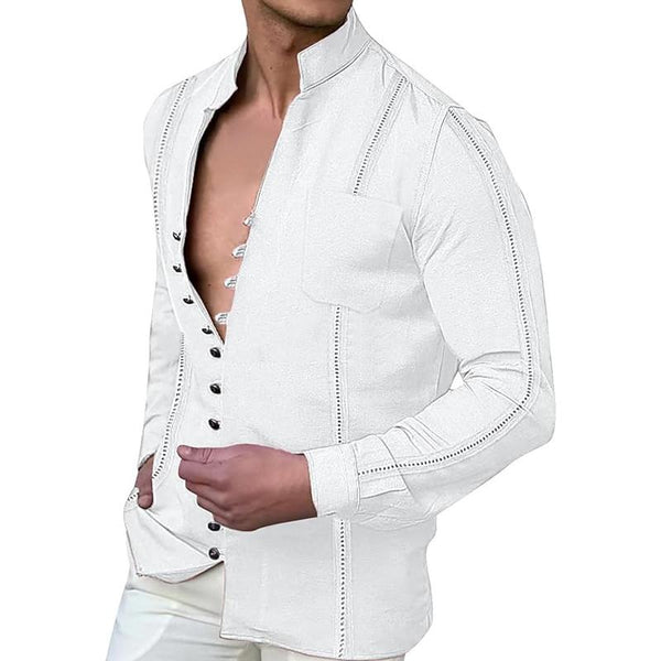 Men's Casual Solid Color Linen Stand-Up Collar Buttoned Long-Sleeved Shirt 15650253M