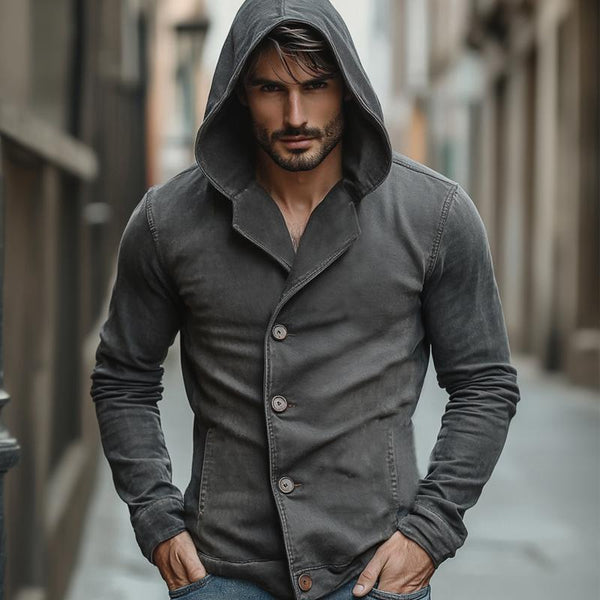 Men's Dark Grey Washed Denim Hoodie 33181689U