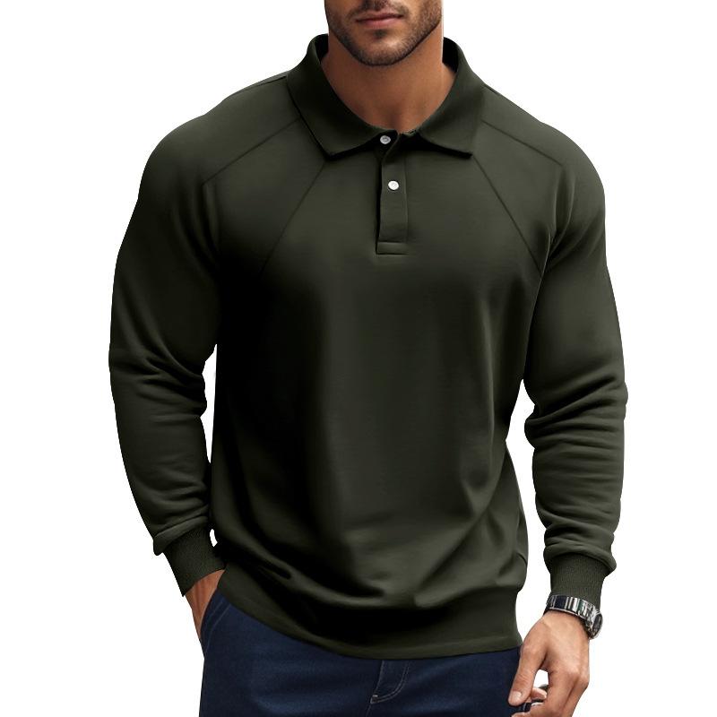 Men's Casual Solid Color Lapel Raglan Long Sleeve Polo Shirt 47889552M