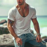 Men's Casual Cotton Blended U-neck Slim Fit Short-sleeved T-shirt 13655466M