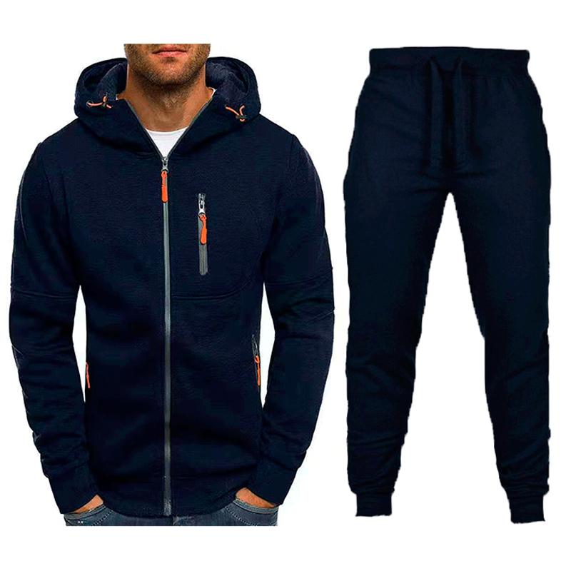 Men's Sports Zip-up Sweatshirt Hooded Trousers Solid Color Two-piece Set 66585624X