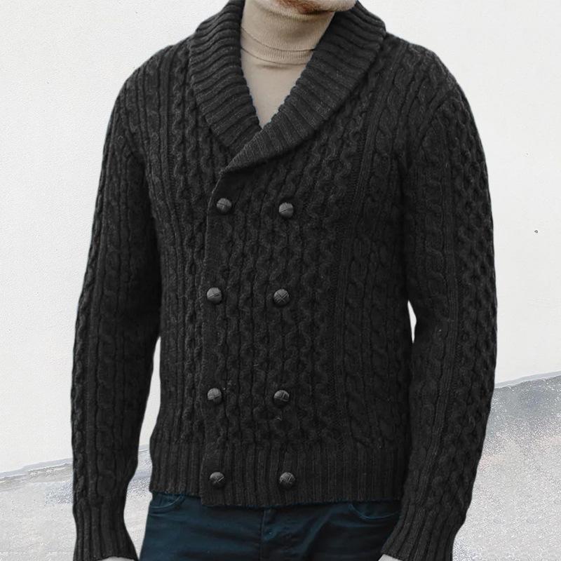 Men's Solid Lapel Double Breasted Cable  Knit Cardigan 17421212Z