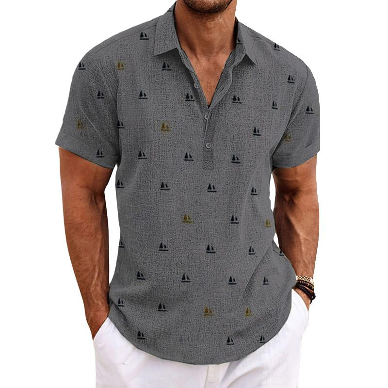 Men's Cotton and Linen Printed Lapel Short-sleeved Shirt 80351379X