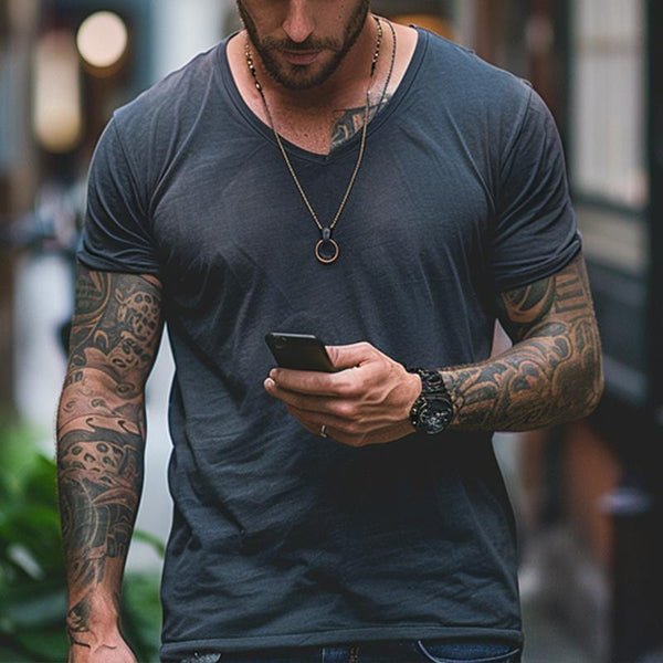 Men's Vintage Distressed V-neck Short-sleeved T-shirt 88488486X