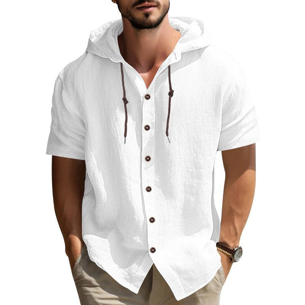 Men's Solid Loose Hooded Single Breasted Short Sleeve Shirt 61765539Z