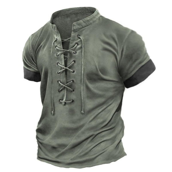 Men's Casual Vintage Lace Up Colorblock Short Sleeve T-Shirt 11159275Y