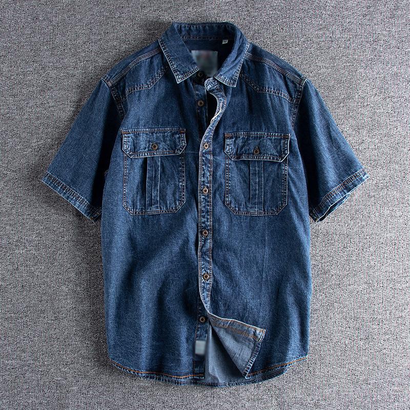 Men's Vintage Washed Distressed Double Pocket Denim Short Shirt 92049514M