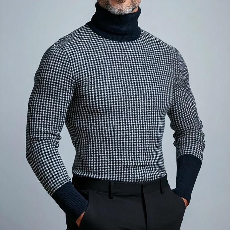 Men's Retro Casual Houndstooth Turtleneck Long Sleeve T-Shirt 66959474TO