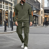 Men's Solid Corduroy Stand Collar Long Sleeve Sweatshirt Multi-pocket Pants Casual Set 64053951Z