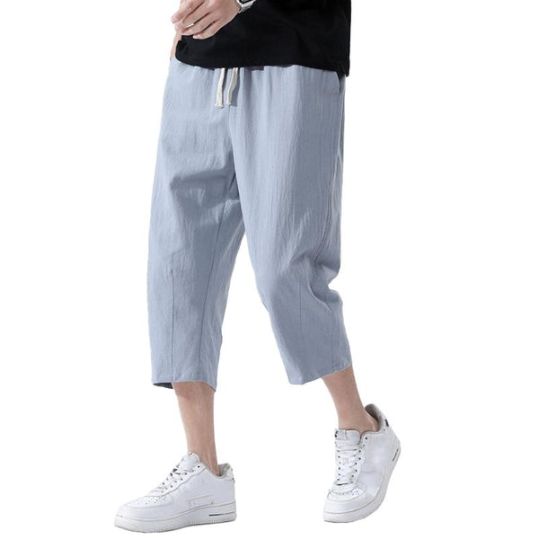 Men's Casual Cotton Linen Elastic Waist Loose Cropped Pants 99636076M