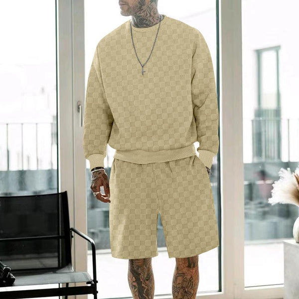 Men's Casual Checkerboard Round Neck Loose Long-sleeved Sweatshirt Sports Shorts Set 53822799M