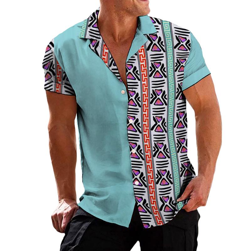 Men's Retro Ethnic Color Block Lapel Short Sleeve Shirt 45580920TO