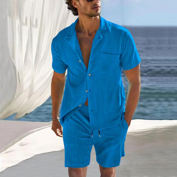 Men's Solid Corduroy Lapel Short Sleeve Shirt Shorts Casual Set 52060206Z