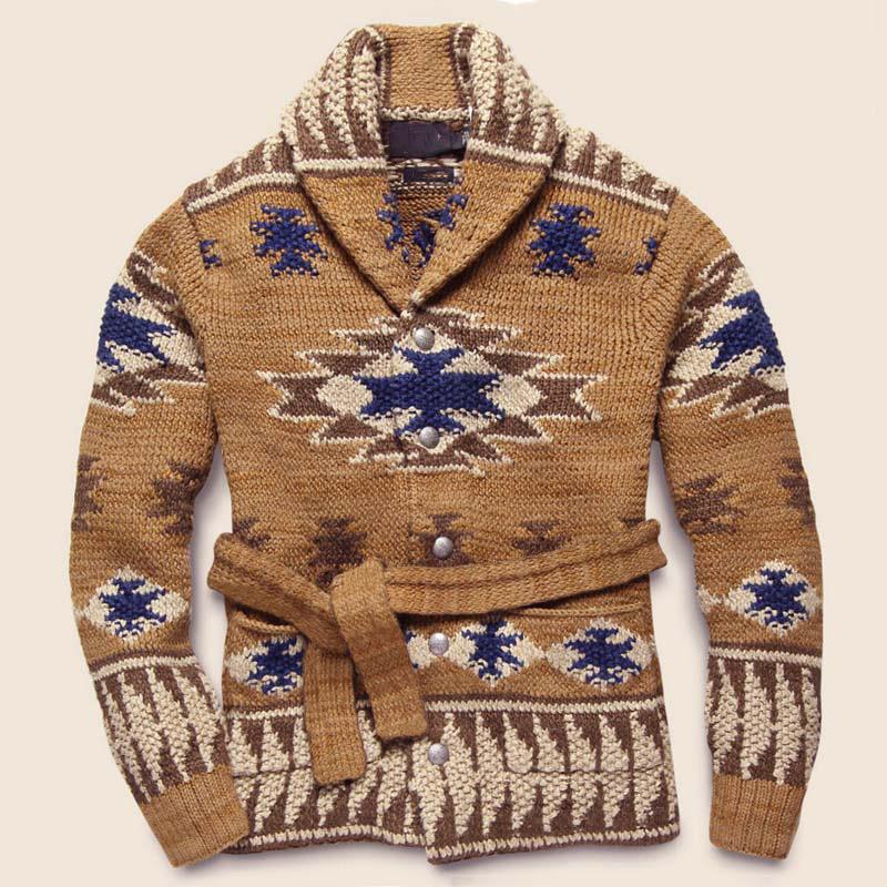 Men's Vintage Lapel Thick Jacquard Belt Knitted Cardigan 54906694M