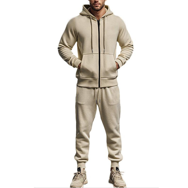 Men's Solid Plush Hooded Zipper Jacket Elastic Waist Pants Casual Sports Set 61838788Z