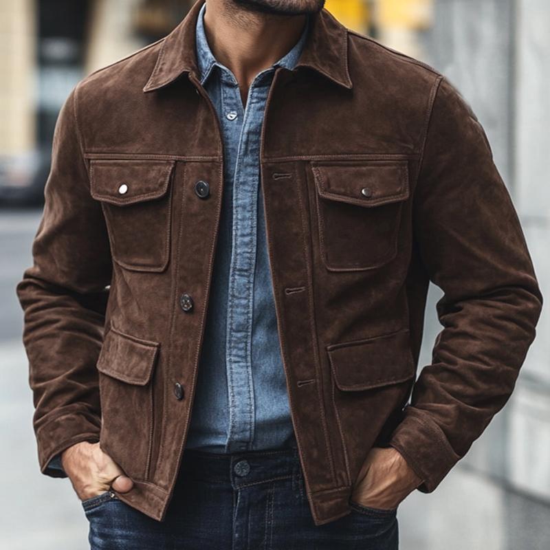 Men's Brown Suede Button Jacket 78056690U