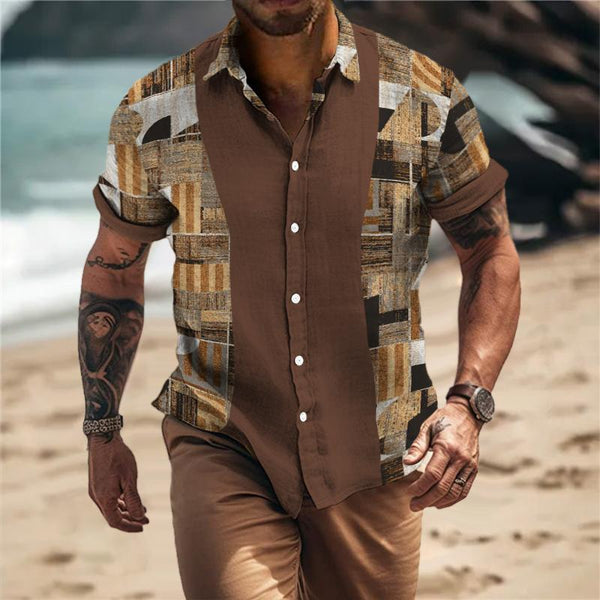 Men's Retro Ethnic Color Block Lapel Short Sleeve Shirt 50880213TO