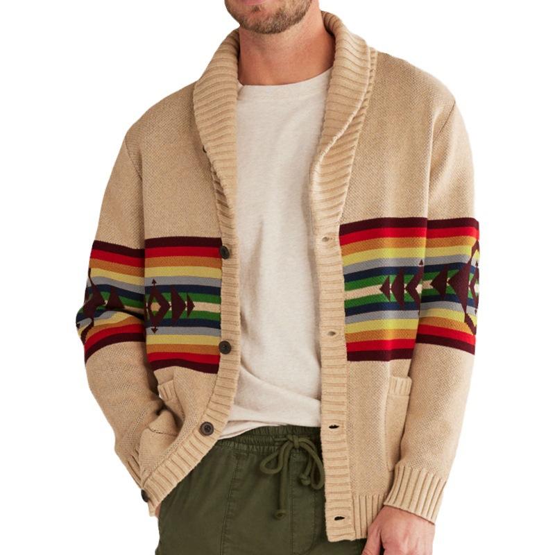 Men's Vintage Colorblock Stripe Jacquard Lapel Single Breasted Knit Cardigan 47195648M