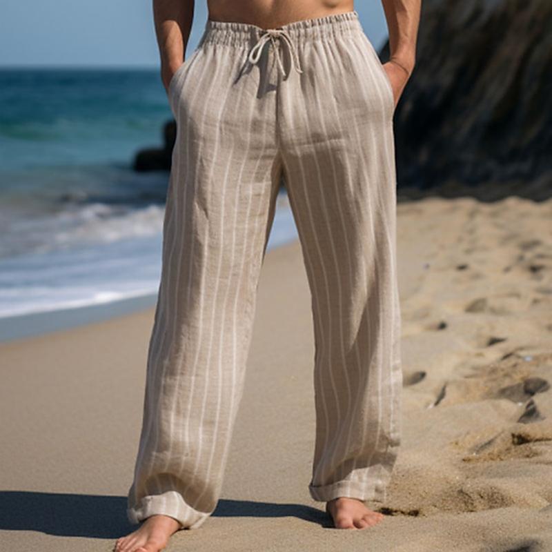 Men's Casual Cotton Linen Striped Elastic Waist Loose Pants 53145284M