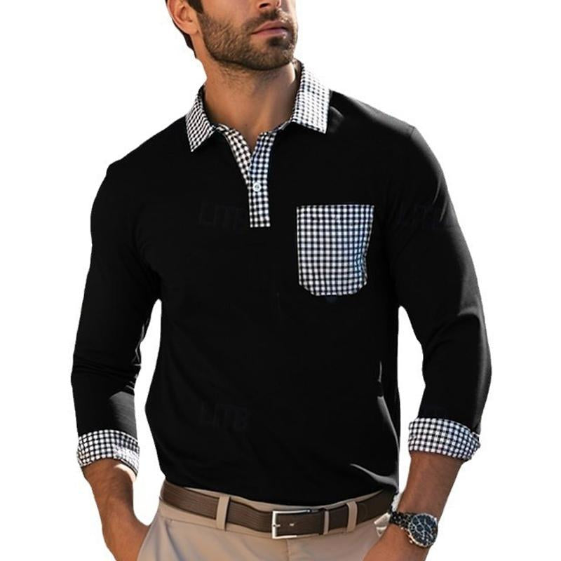 Men's Lapel Plaid Stitching Long Sleeve POLO Shirt 38535473X