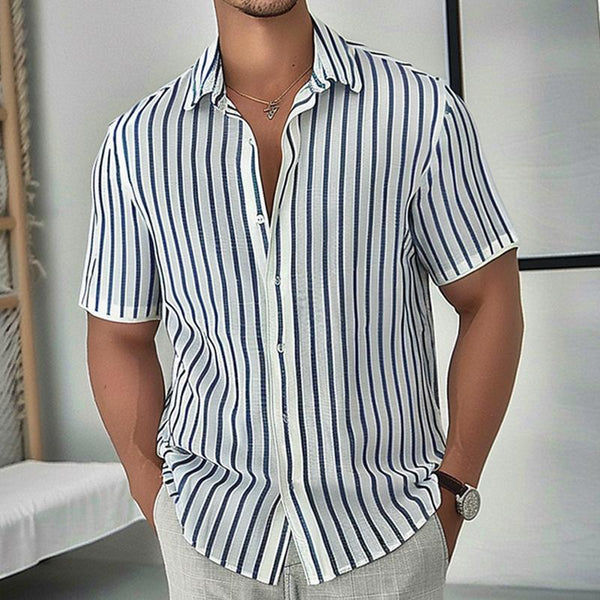 Men's Striped Short Sleeve Cotton and Linen Shirt 70408534X