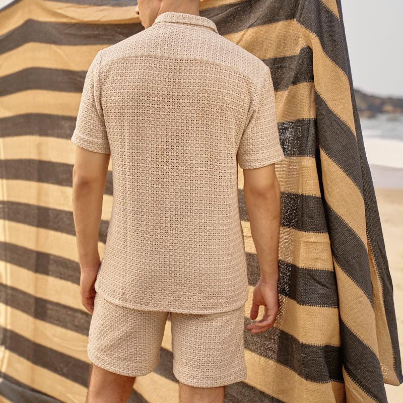 Men's Casual Lapel Plaid Jacquard Short-Sleeved Shirt Loose Shorts Set 31339299M