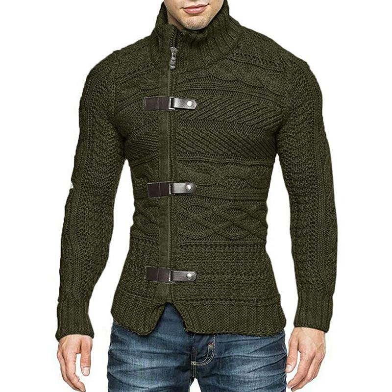 Men's Casual Stand Collar Zipper Cable Knitted Slim Cardigan 14927579M