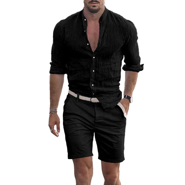 Men's Casual Solid Color Printed Long Sleeve Shirt Shorts Set 15302869Y