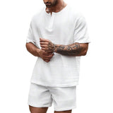 Men's Solid Linen V Neck Short Sleeve Top Shorts Casual Set 90708217Z
