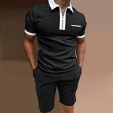 Men's Contrast Lapel Short Sleeve Shorts Two Piece Set 26969796X