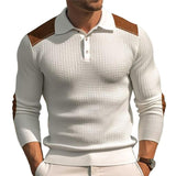 Men's Casual Lapel Suede Patchwork Slim Fit Long Sleeve Polo Shirt 37091964M