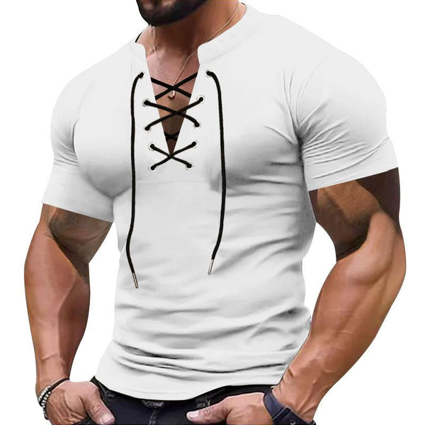 Men's Retro V-neck Lace-up Sports Short-sleeved T-shirt 33535623X