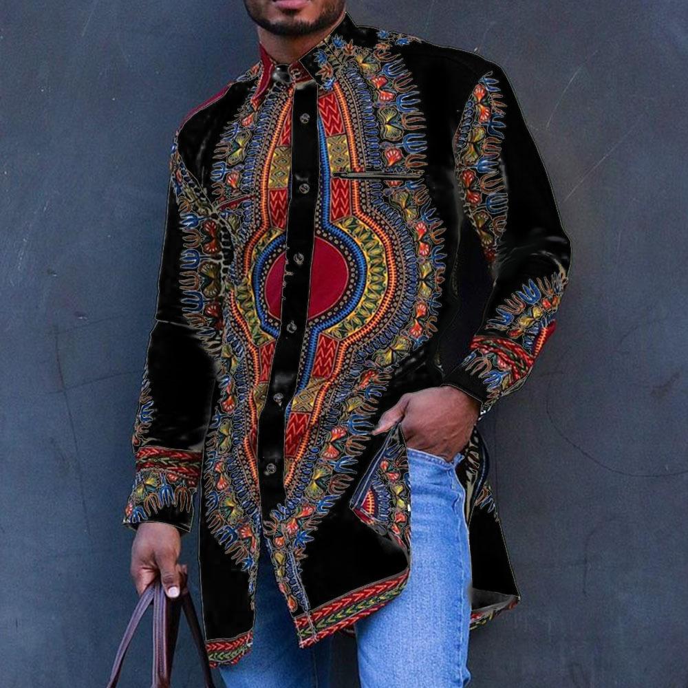 Men's Vintage Lapel Ethnic Print Mid-Length Long Sleeve Shirt 22379967M