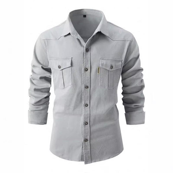 Men's Solid Color Washed Cotton Casual Long Sleeve Shirt 90834713X