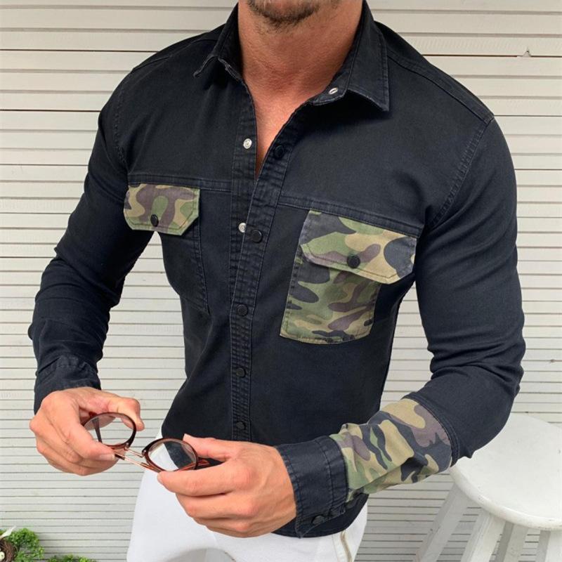 Men's Casual Slim Fit Camouflage Pocket Stitching Denim Shirt 95536667K