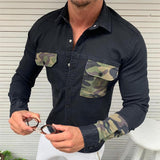 Men's Casual Slim Fit Camouflage Pocket Stitching Denim Shirt 95536667K