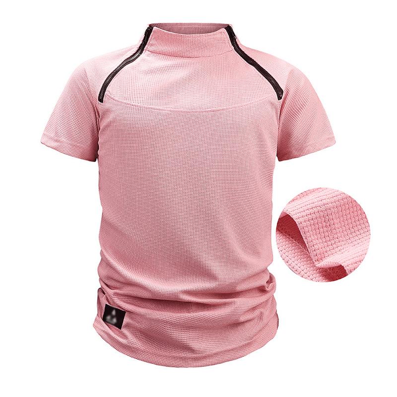 Men's Waffle Outdoor Tactical Loose Stand Collar Short-sleeved T-shirt 22280011X