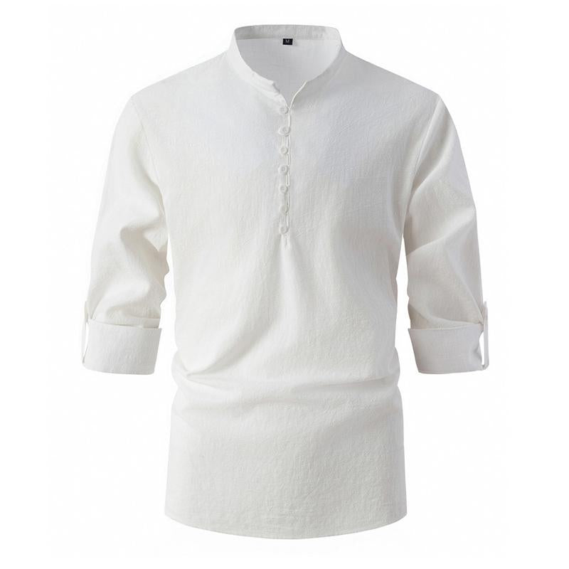 Men's Cotton and Linen Stand Collar Casual Long-sleeved Shirt 09019442X