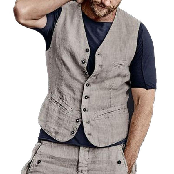Men's Vintage Cotton And Linen Collarless Single-Breasted Vest 11801043Y