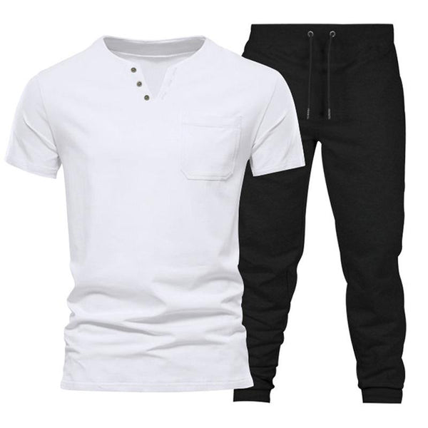 Men's Solid Color V-neck Short-sleeved Trousers Sports Two-piece Set 83772586X