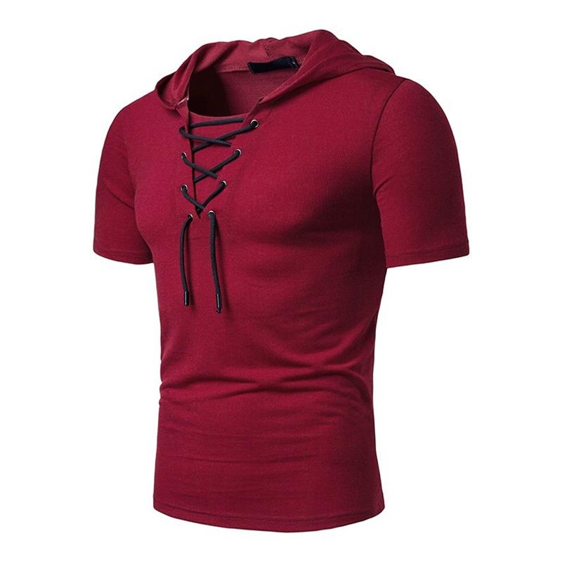 Men's Casual Cotton Blended Lace-Up Hooded Slim Fit Short Sleeve T-Shirt 31932609M